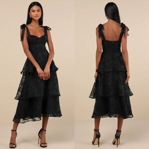 Lulus Glamorous Sweetie Black Burnout Tie-Strap Bustier Midi Dress S Wedding
